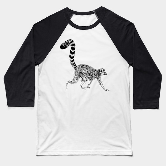 Walking ring-tailed lemur monkey ink illustration 1 Baseball T-Shirt by lorendowding